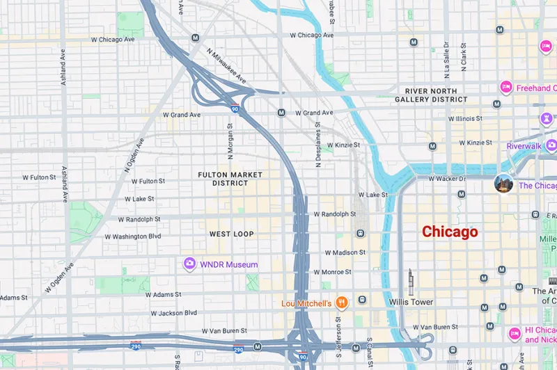 Mapa de Chicago mostrando diferentes vecindarios y zonas