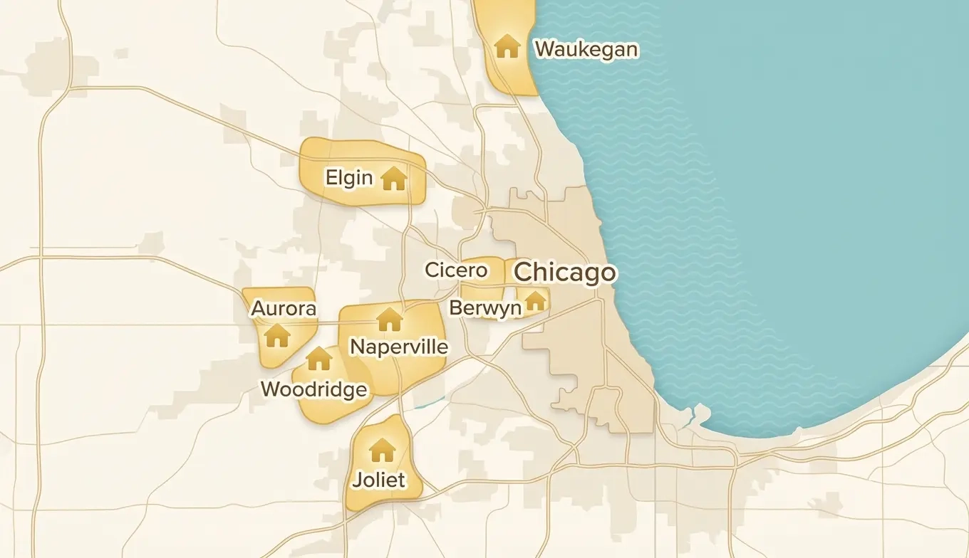 Mapa de Chicagoland mostrando suburbios hispanos como Cicero, Berwyn, Aurora y Elgin